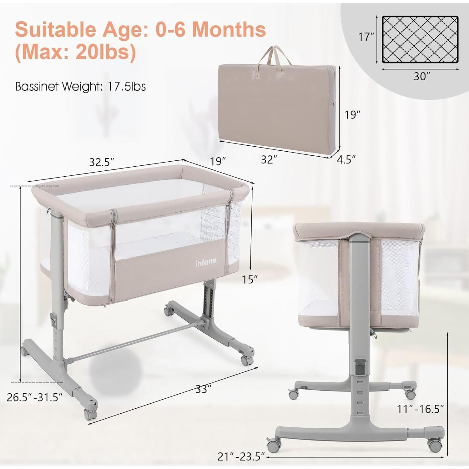 Cuna Lateral INFANS 3 en 1 Plegable con Colchón Beige