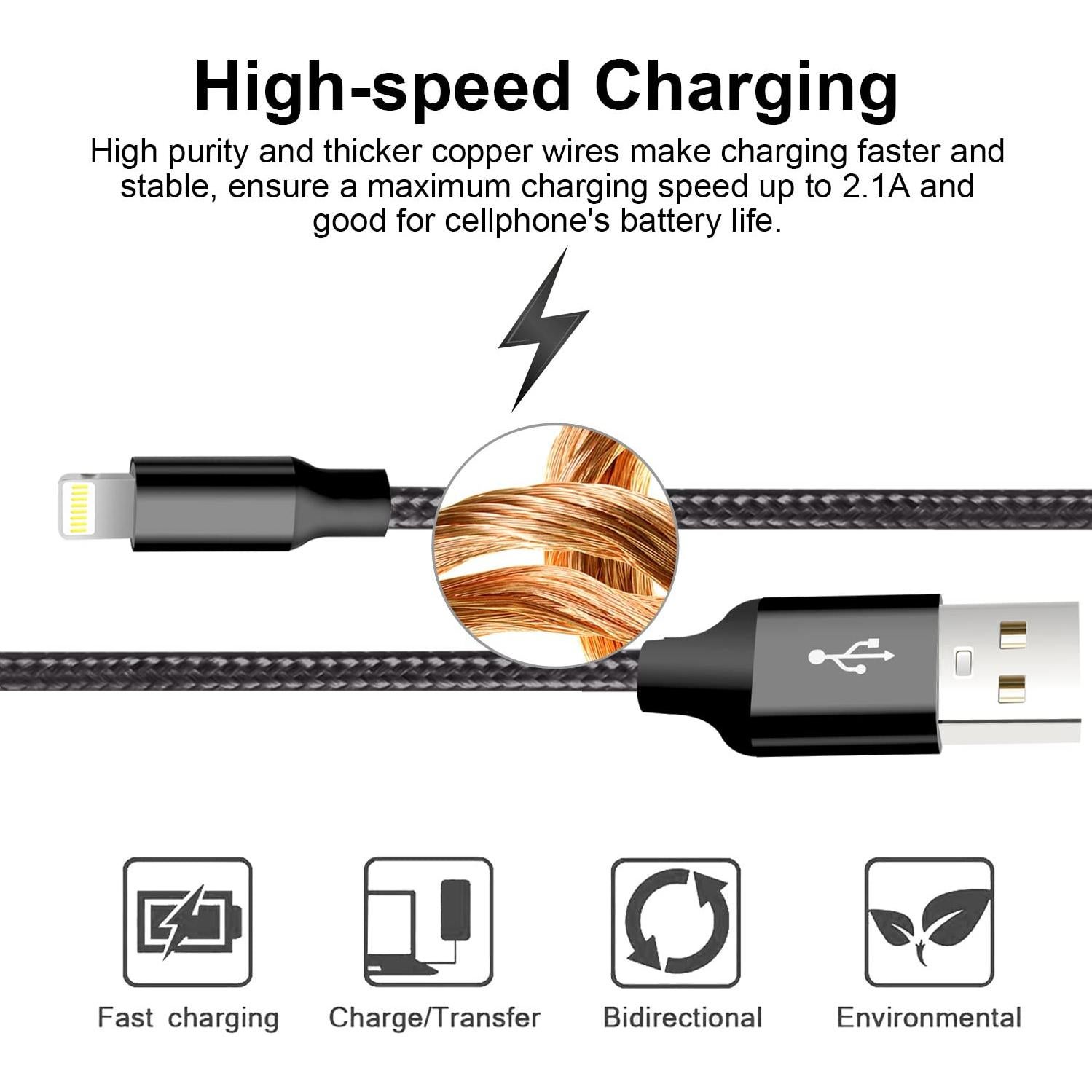 Cargador USB Lightning CUGUNU 5 Cables 0.91m a 3.05m Negro