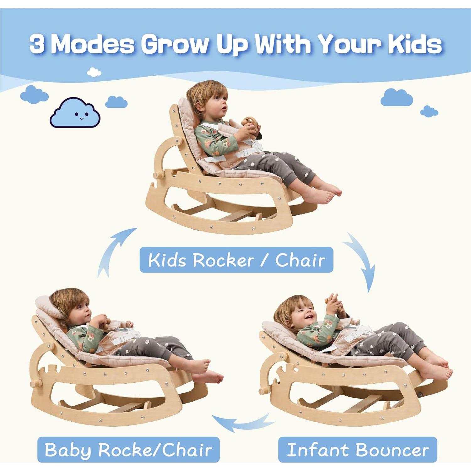 Silla Mecedora Ajustable para Bebés de Madera 3 en 1 Beige