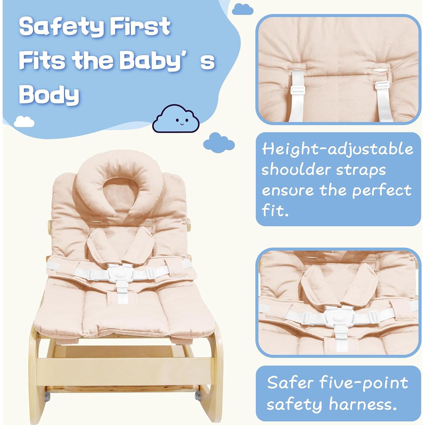Silla Mecedora Ajustable para Bebés de Madera 3 en 1 Beige