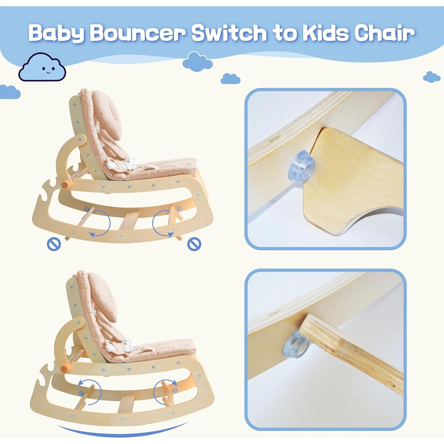 Silla Mecedora Ajustable para Bebés de Madera 3 en 1 Beige