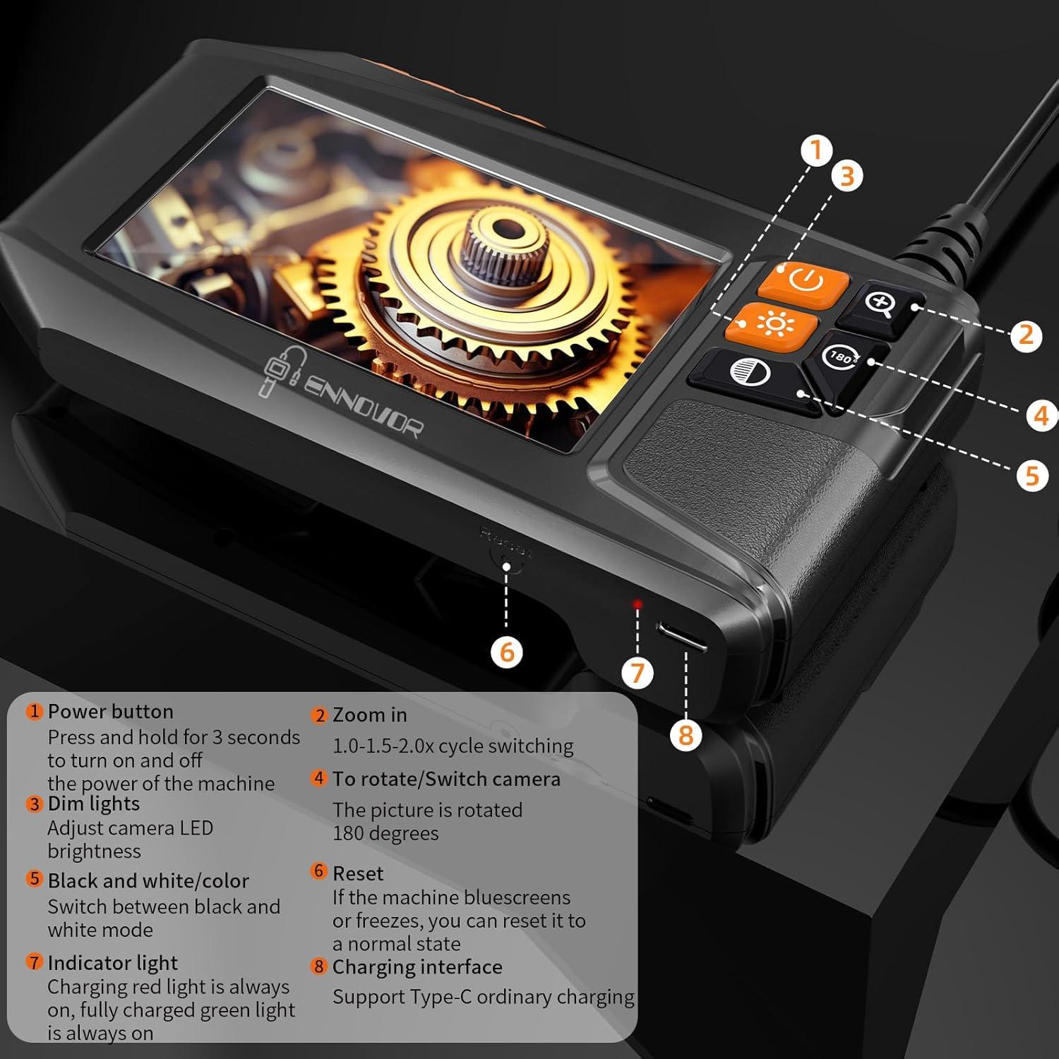 Cámara Endoscopio HD 1920P Ennovor 4.3" Luz Ajustable 5m