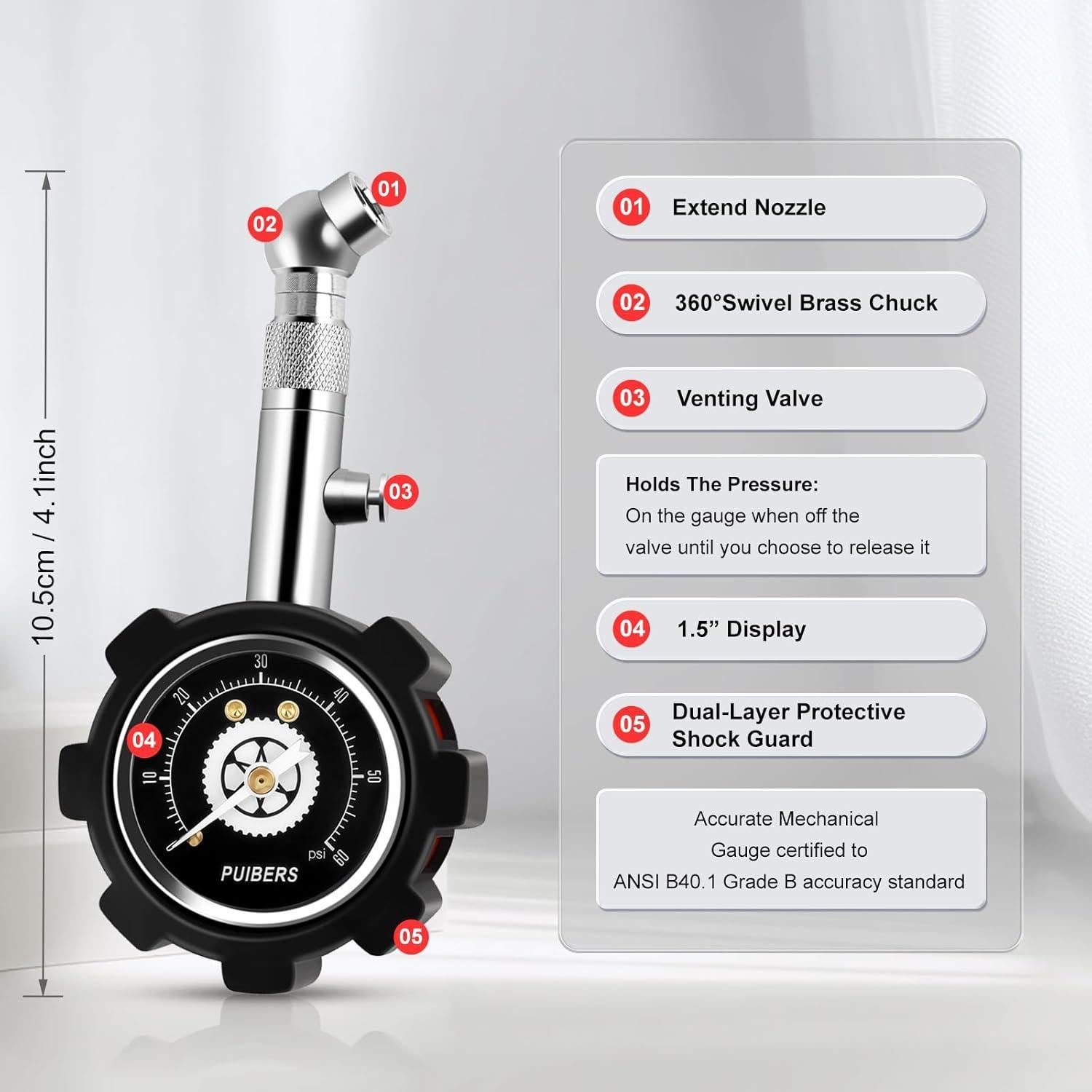 Manómetro de Neumáticos PUIBERS 60 PSI con Dial Brillante