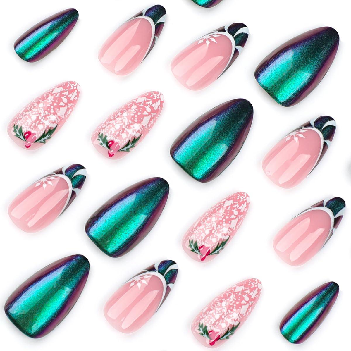 24 Uñas Postizas Cortas Almendras YEFIUO Rosadas Brillantes