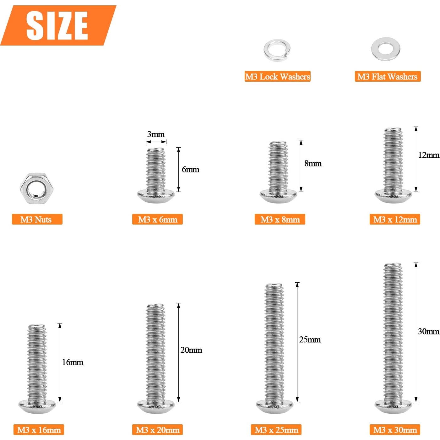 Kit 540 Piezas Tornillos M3 Acero Inoxidable 304 Cabeza Botón