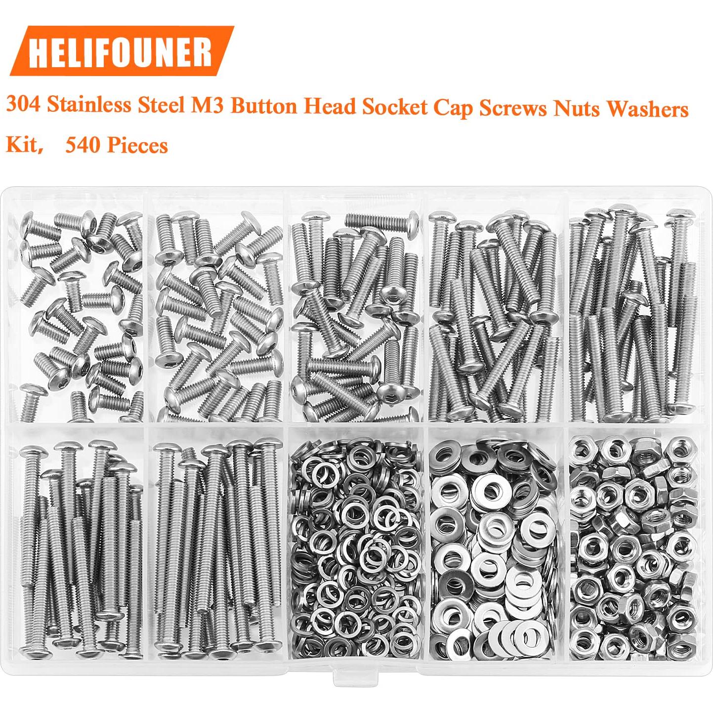 Kit 540 Piezas Tornillos M3 Acero Inoxidable 304 Cabeza Botón