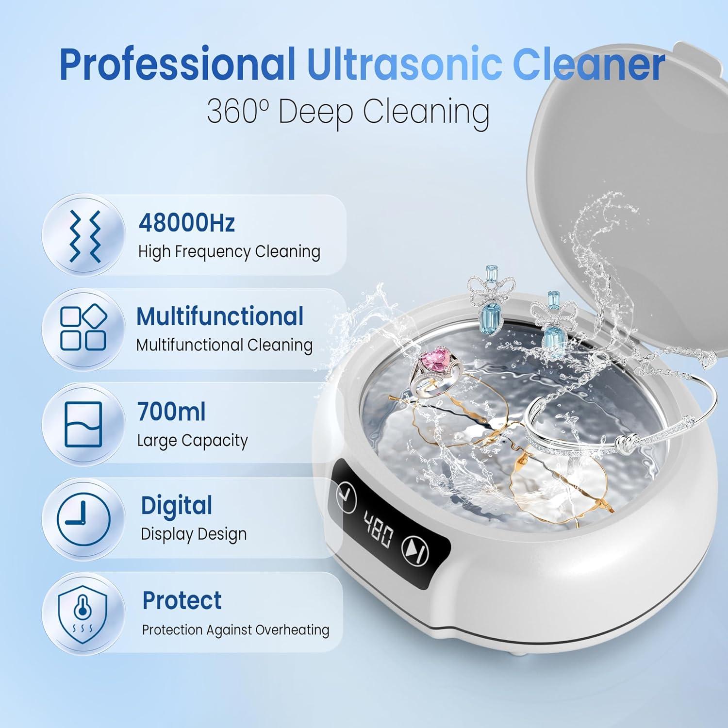 KUNPHY Jewelry Cleaner, 700ml(24.5 Oz) 48KHz Ultrasonic Jewelry Cleaner with 3 Digital Timers, Ultrasonic Cleaner Machine for Jewelry, Glasses, Rings, Diamond, Necklaces