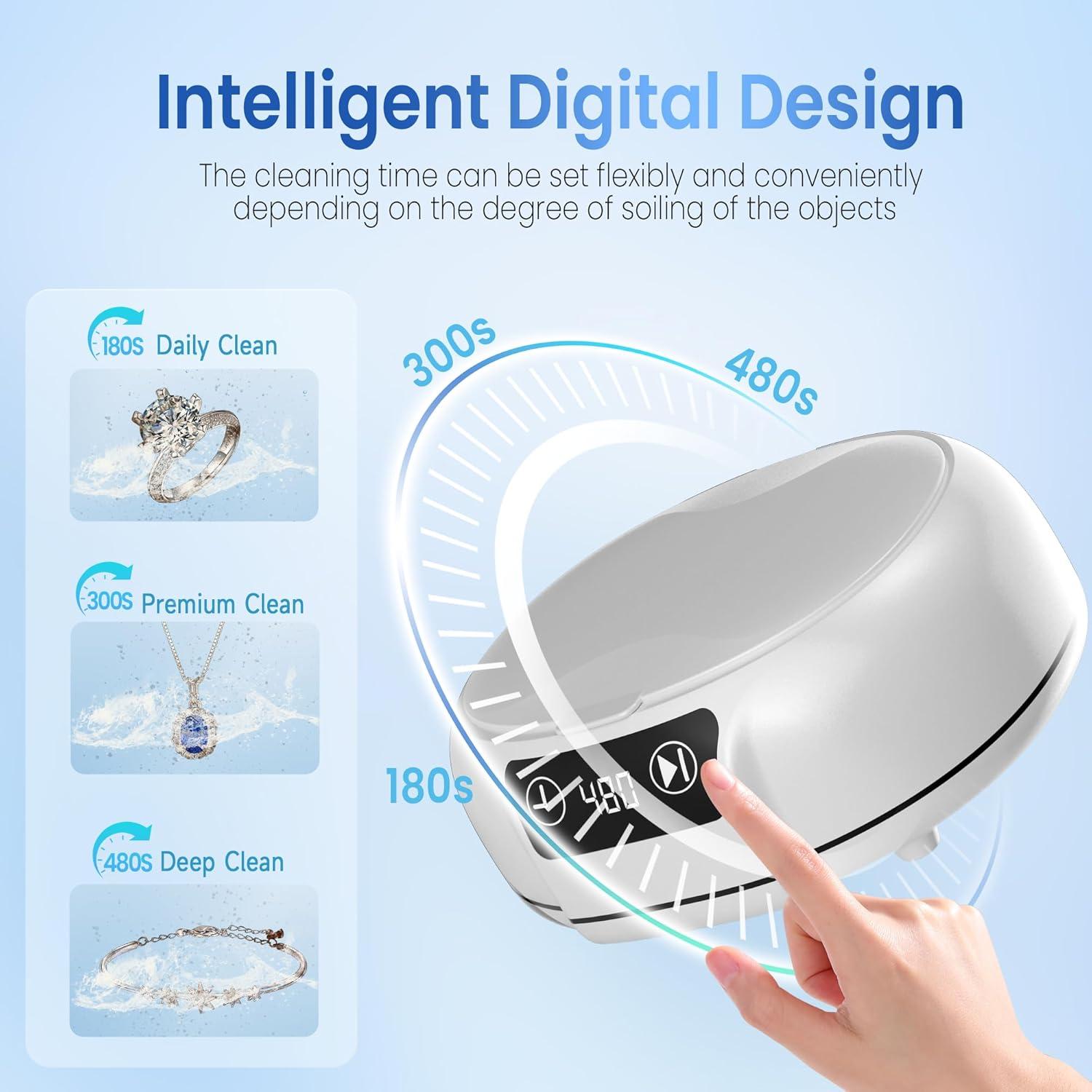 KUNPHY Jewelry Cleaner, 700ml(24.5 Oz) 48KHz Ultrasonic Jewelry Cleaner with 3 Digital Timers, Ultrasonic Cleaner Machine for Jewelry, Glasses, Rings, Diamond, Necklaces