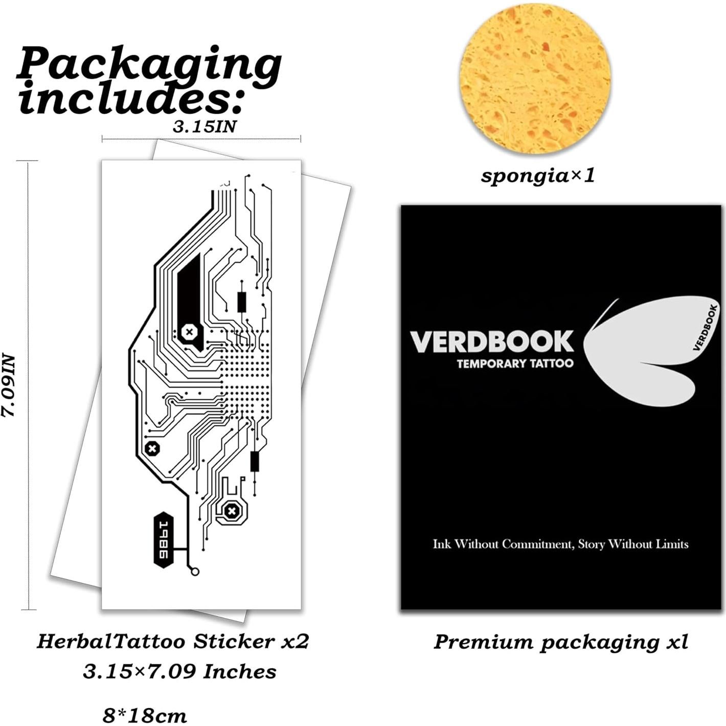 Kit de Tatuajes Temporales Impermeables VERDBOOK - 2 Hojas