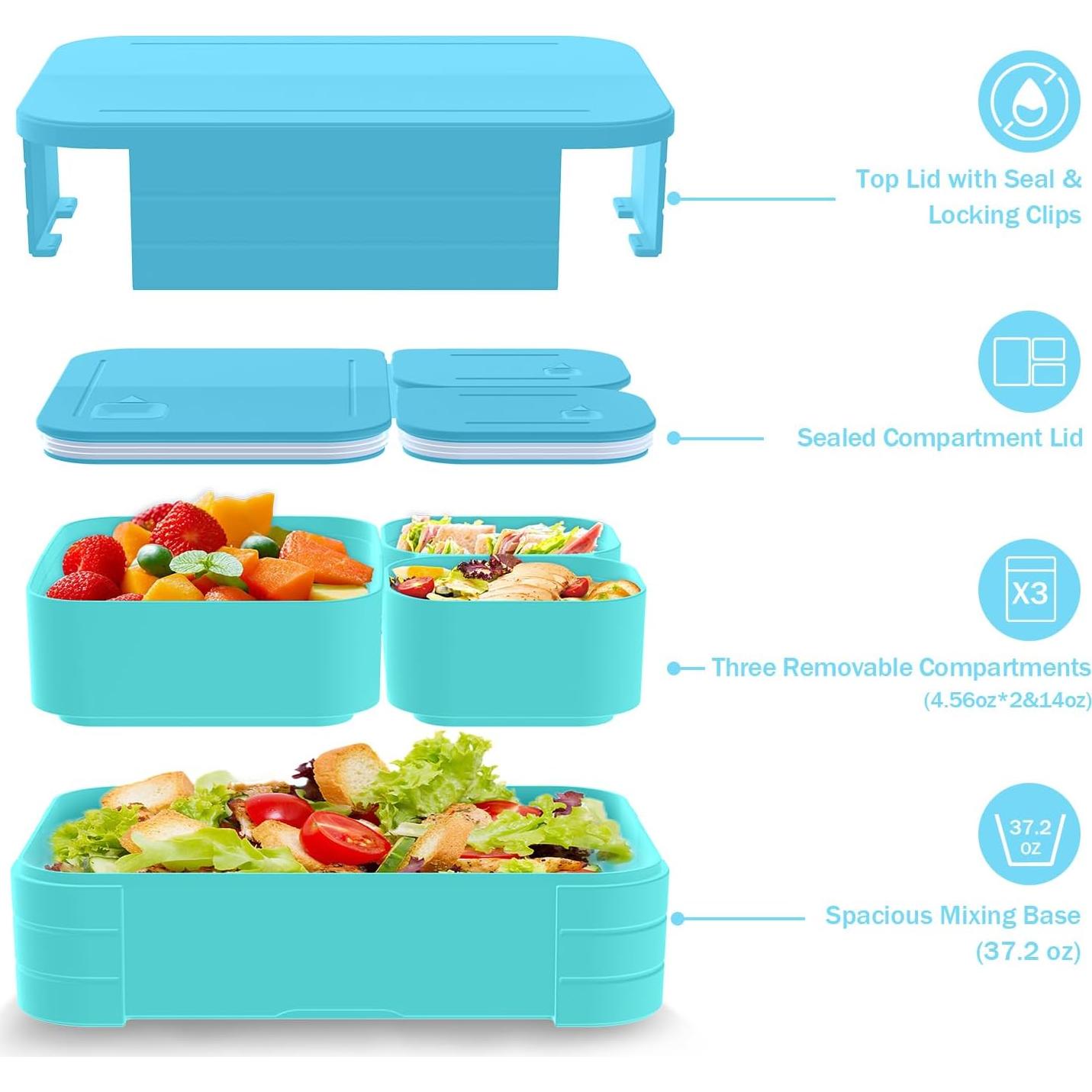 Caja Bento Almuerzo Adultos Azul Bebé 1.1L 3 Compartimentos