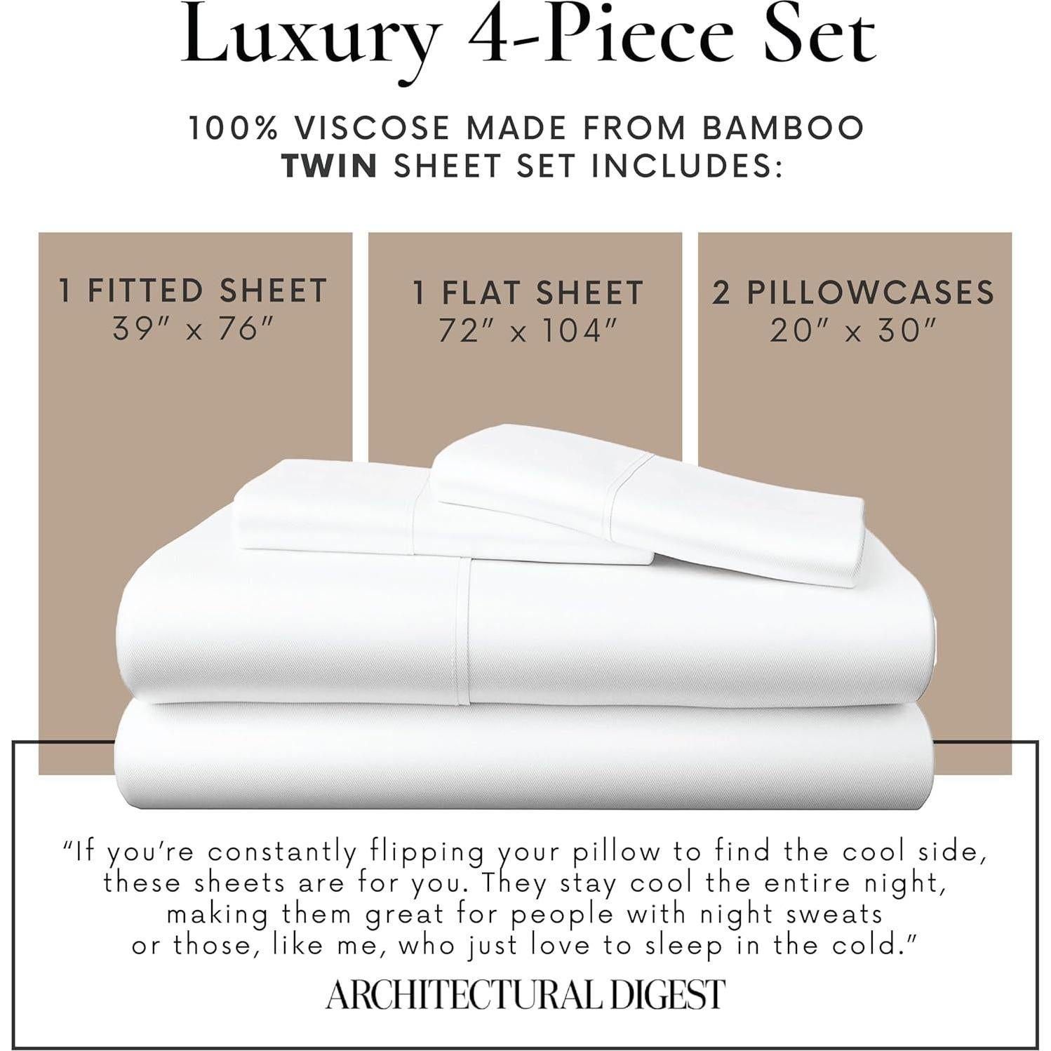 Juego de Sábanas Twin 4 Piezas Bamboo Bay 100% Viscosa Blanca