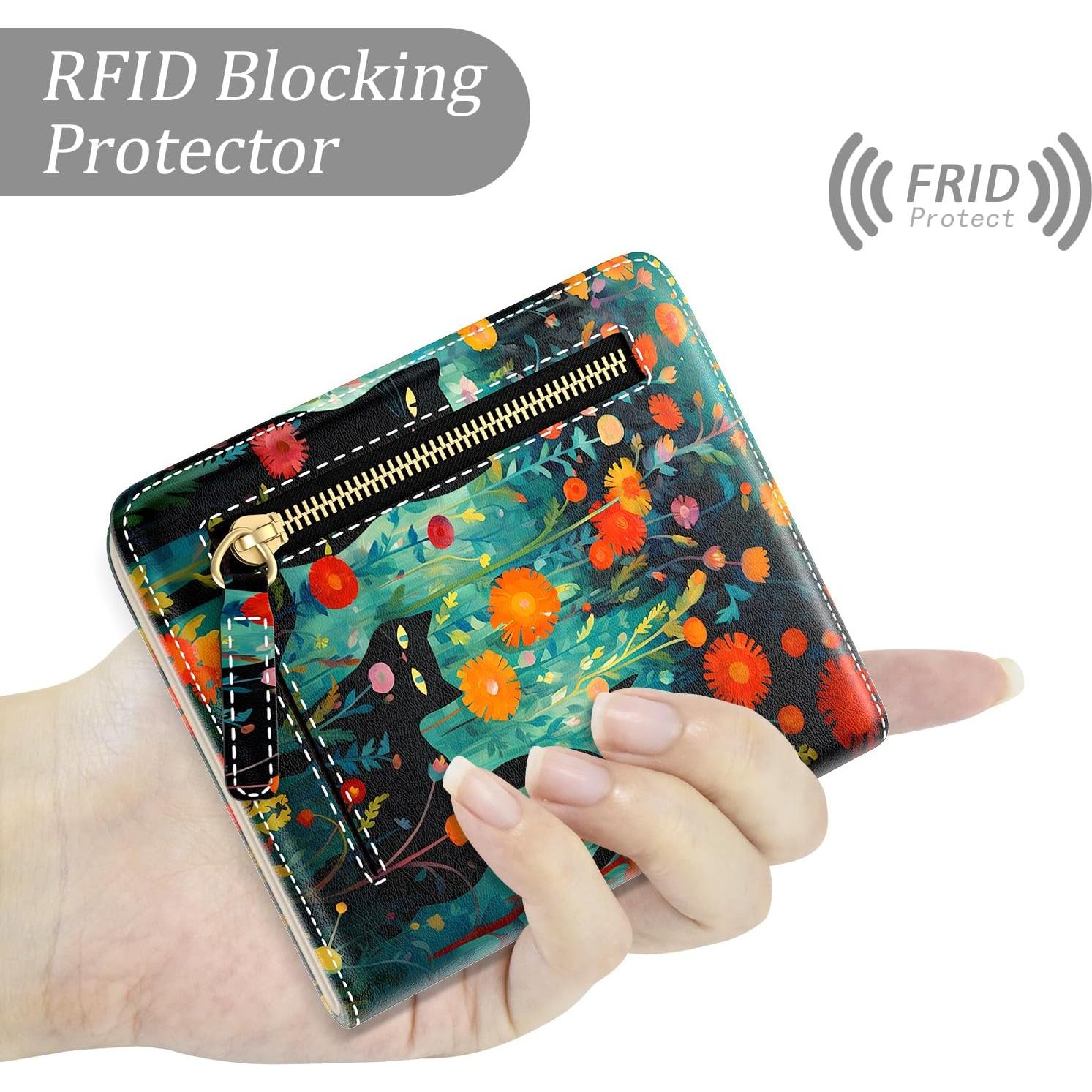 Cartera Bifold Pequeña TMOODEL Gato Negro con Bloqueo RFID