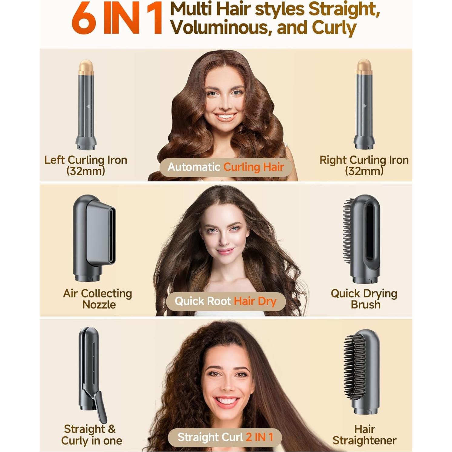 WindBlow Hair Dryer Brush 6-in-1 Straightener, Hair Auto-Wrap Curlers, Professional 110,000 RPM Magic Multi Styler with Attachments