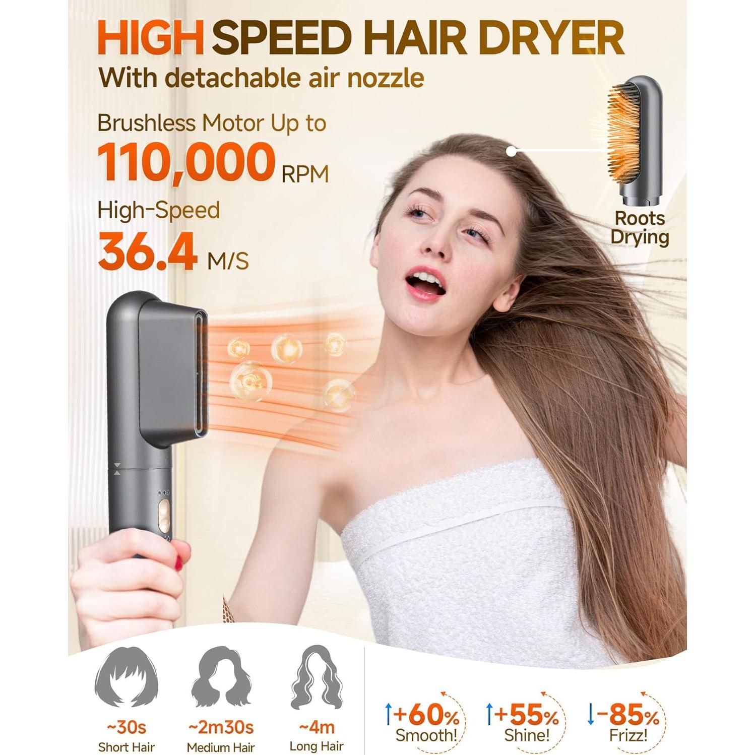 WindBlow Hair Dryer Brush 6-in-1 Straightener, Hair Auto-Wrap Curlers, Professional 110,000 RPM Magic Multi Styler with Attachments