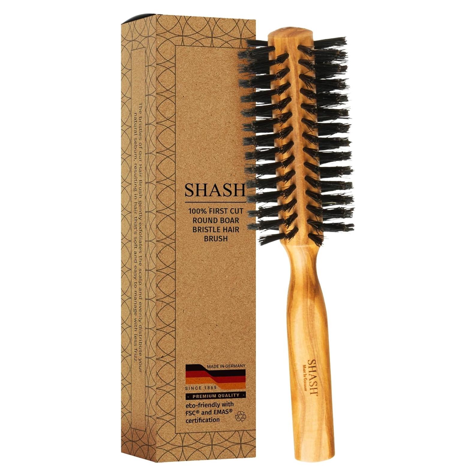 SHASH Boar Bristle Round Brush - Made In Germany | Volumize and Revitalize Your Hair with Softer, Smoother Results - Scalp Exfoliation and Stimulation - Eco-Sourced Olive Wood Handle