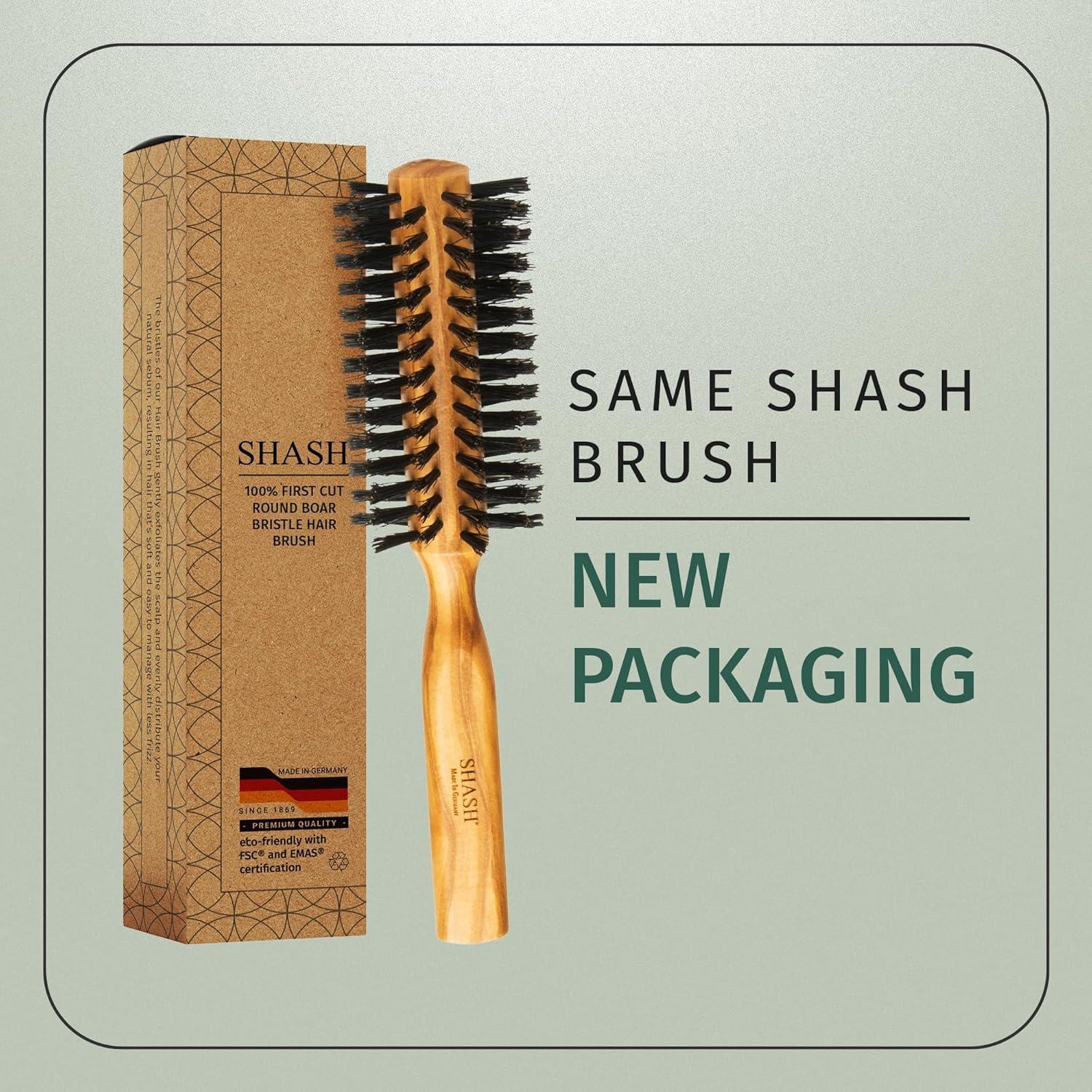 SHASH Boar Bristle Round Brush - Made In Germany | Volumize and Revitalize Your Hair with Softer, Smoother Results - Scalp Exfoliation and Stimulation - Eco-Sourced Olive Wood Handle