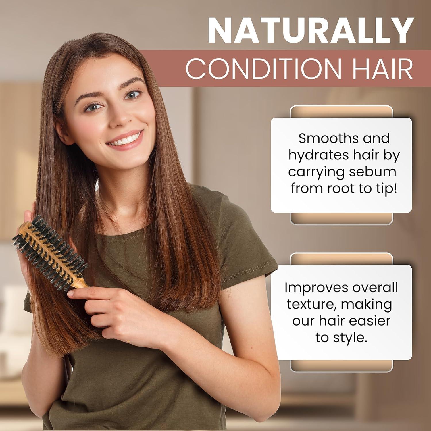 SHASH Boar Bristle Round Brush - Made In Germany | Volumize and Revitalize Your Hair with Softer, Smoother Results - Scalp Exfoliation and Stimulation - Eco-Sourced Olive Wood Handle