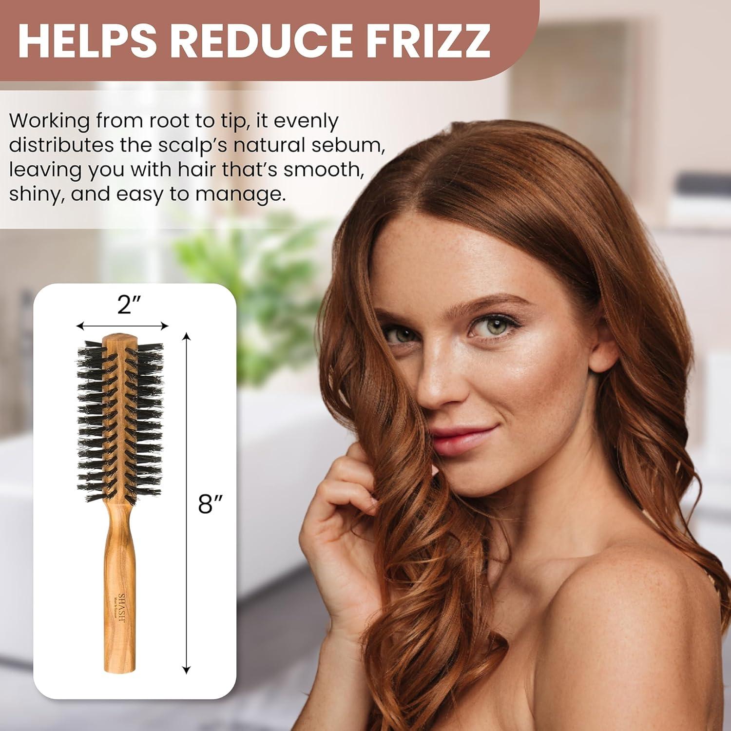 SHASH Boar Bristle Round Brush - Made In Germany | Volumize and Revitalize Your Hair with Softer, Smoother Results - Scalp Exfoliation and Stimulation - Eco-Sourced Olive Wood Handle