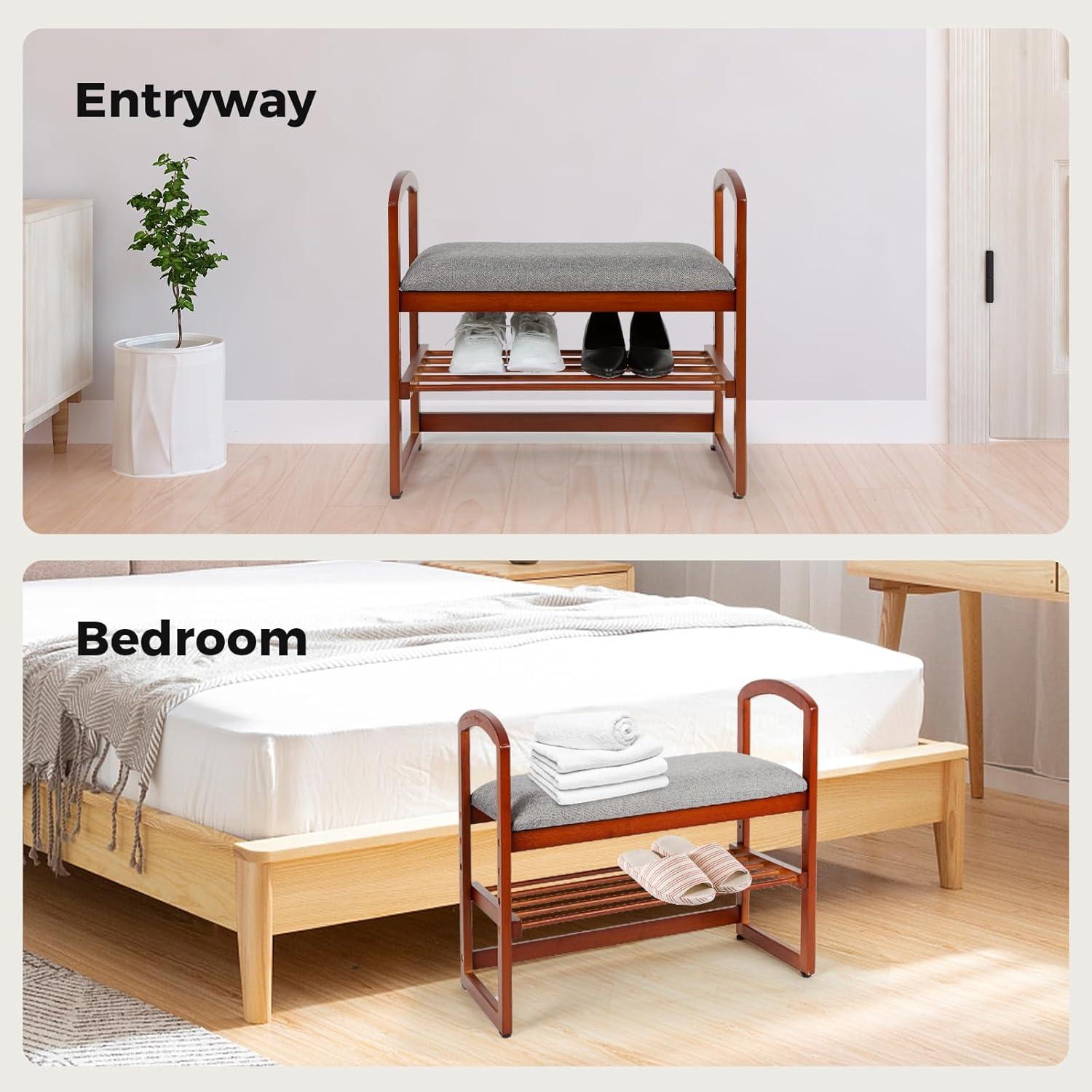 Banco de Almacenamiento de Bambú StrongTek con Cojín y Descansabrazos