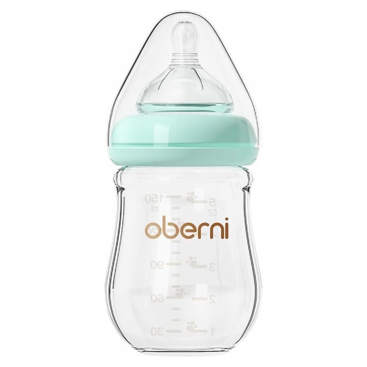 Botella de vidrio para bebés Oberni 150ml anti cólicos azul