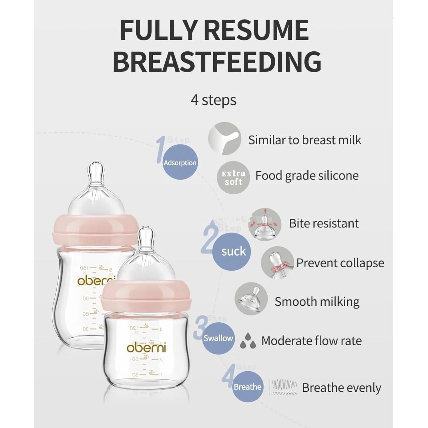 Botella de vidrio para bebés Oberni 150ml anti cólicos azul