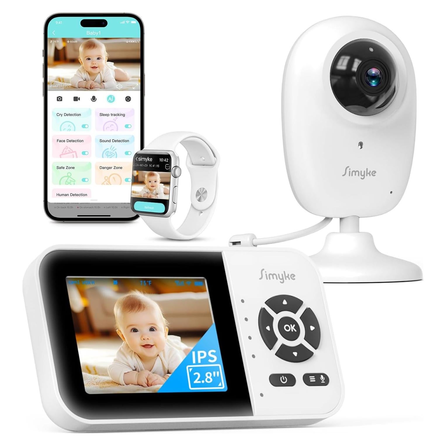 Monitor de Bebé Simyke SBMS28-1, Video 1080p, Pantalla 2.8"