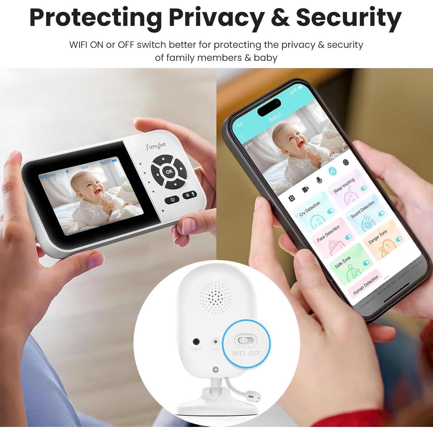 Monitor de Bebé Simyke SBMS28-1, Video 1080p, Pantalla 2.8"