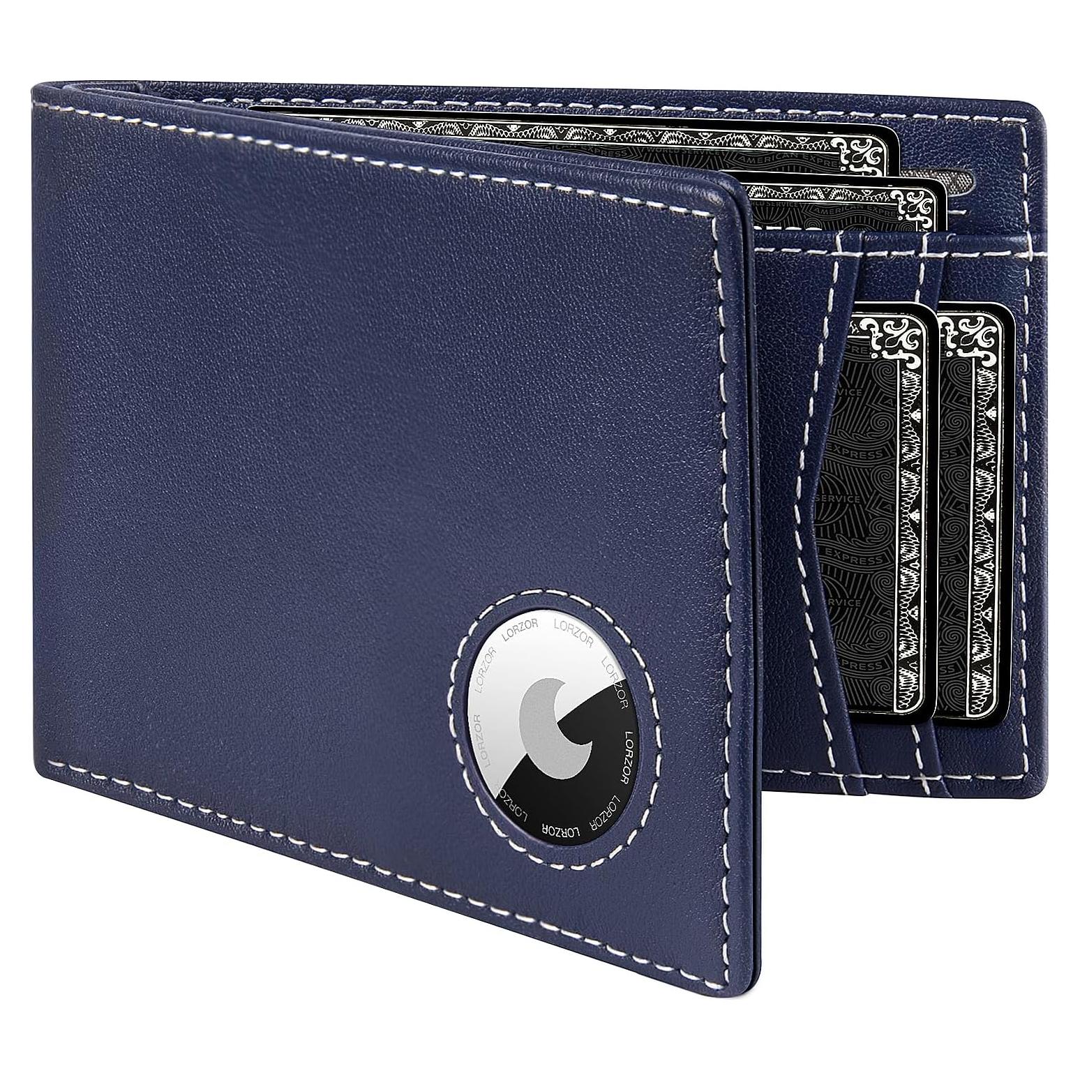 Billetera de cuero LORZOR bifold con soporte AirTag y RFID