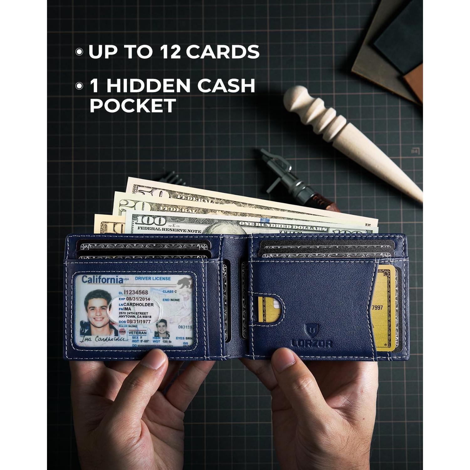 Billetera de cuero LORZOR bifold con soporte AirTag y RFID