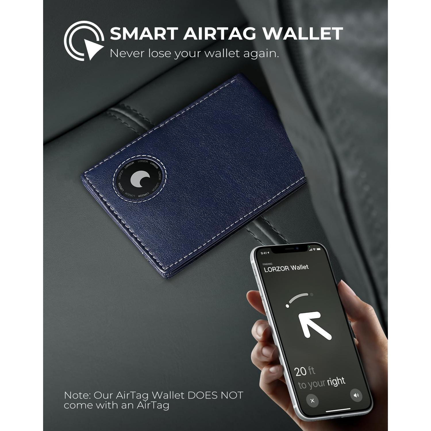 Billetera de cuero LORZOR bifold con soporte AirTag y RFID