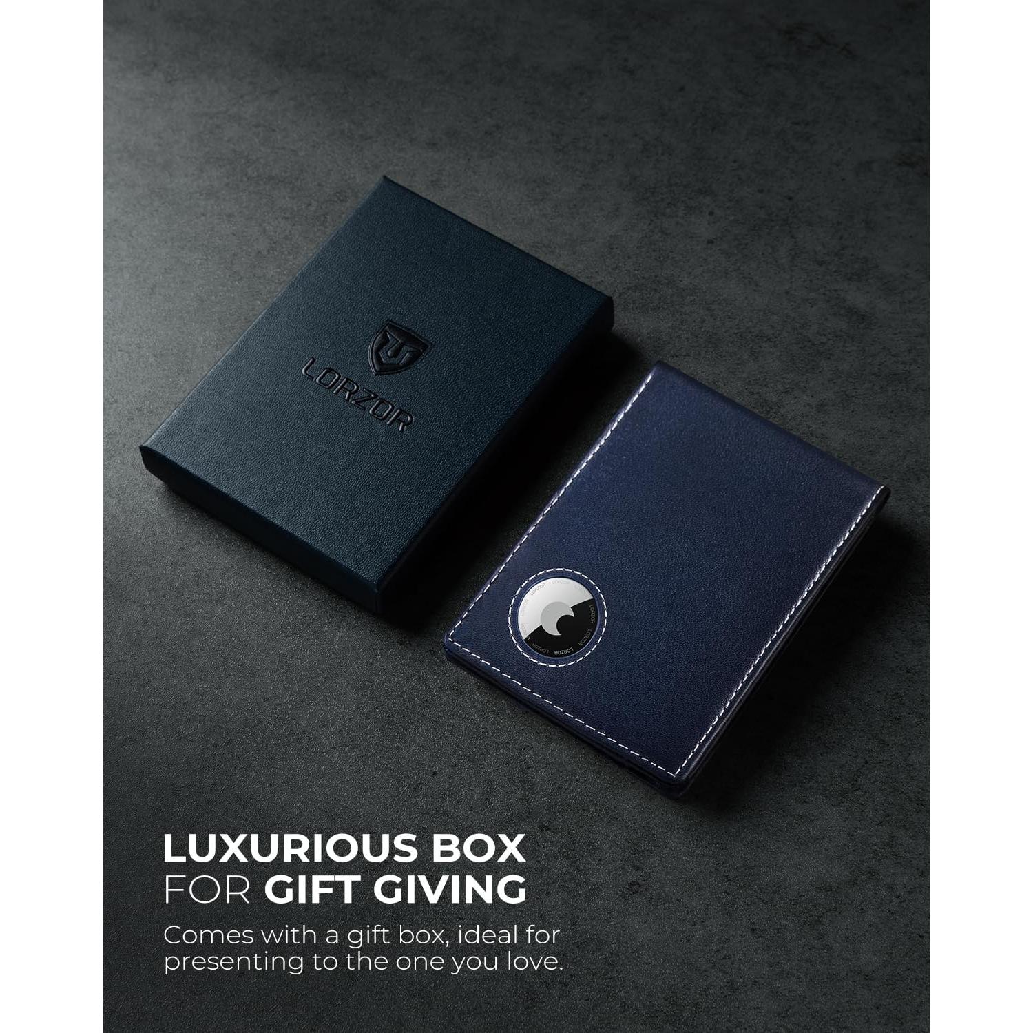 Billetera de cuero LORZOR bifold con soporte AirTag y RFID