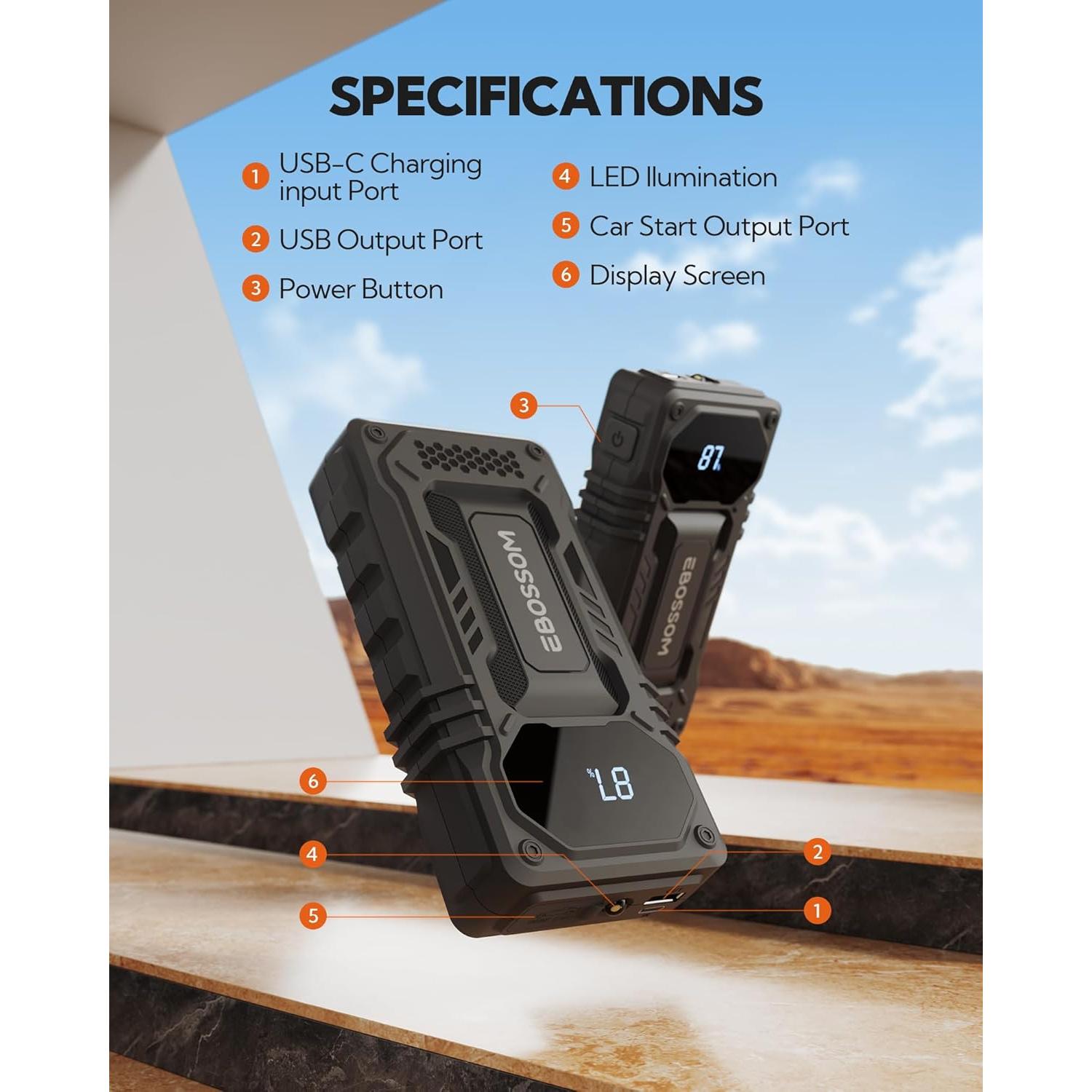 Arrancador de Batería de Coche EBOSSOM JS6 12000mAh 1500A