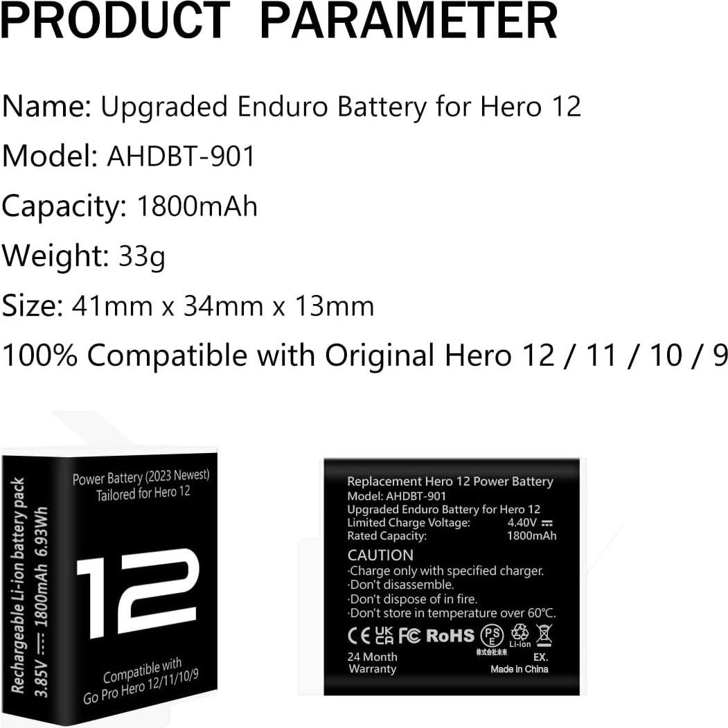 Baterías de Litio-Ion 1800mAh para Gopro Hero 12 11 10 9