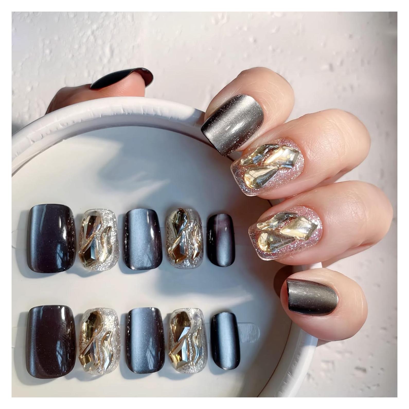 Uñas Postizas Cortas Squoval VESWEET Ojo de Gato Negro 28 Piezas