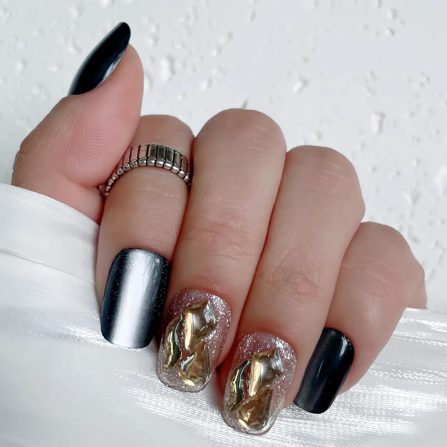 Uñas Postizas Cortas Squoval VESWEET Ojo de Gato Negro 28 Piezas