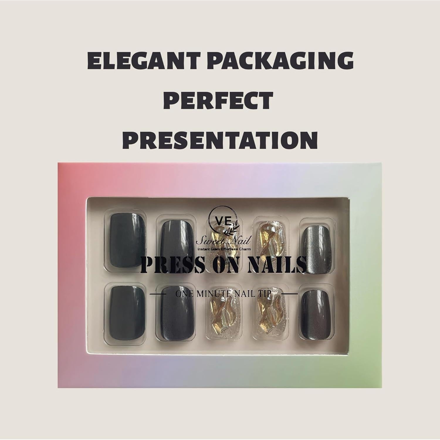 Uñas Postizas Cortas Squoval VESWEET Ojo de Gato Negro 28 Piezas