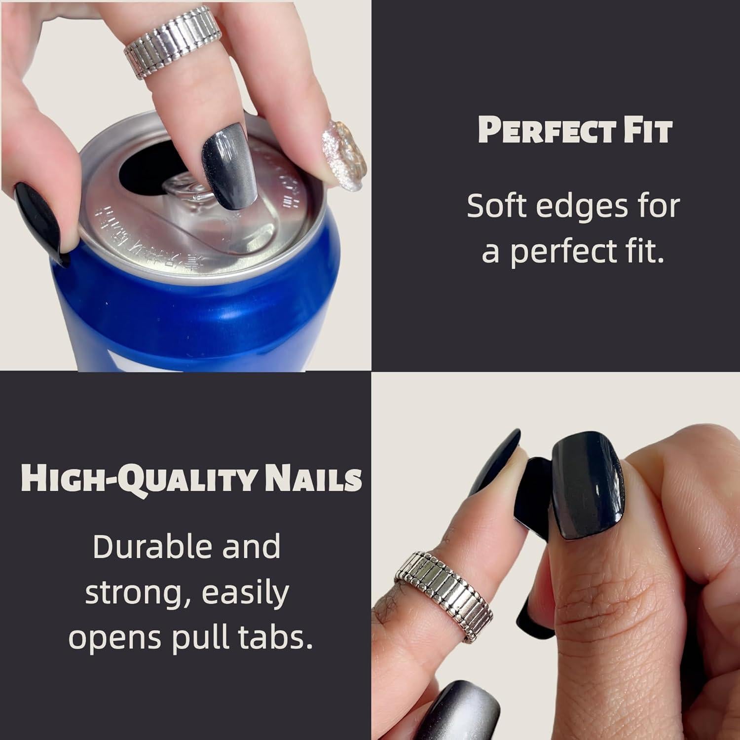 Uñas Postizas Cortas Squoval VESWEET Ojo de Gato Negro 28 Piezas