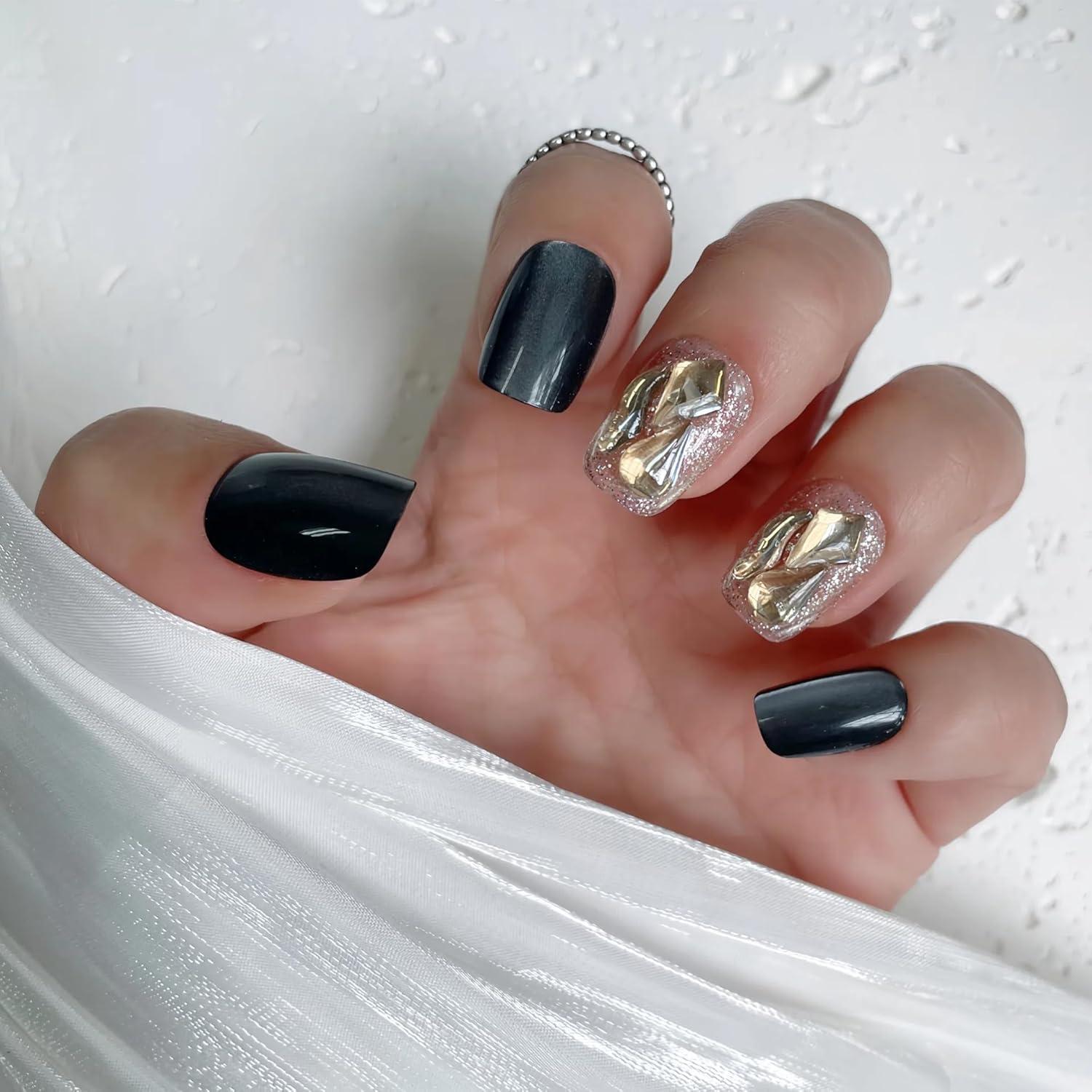 Uñas Postizas Cortas Squoval VESWEET Ojo de Gato Negro 28 Piezas