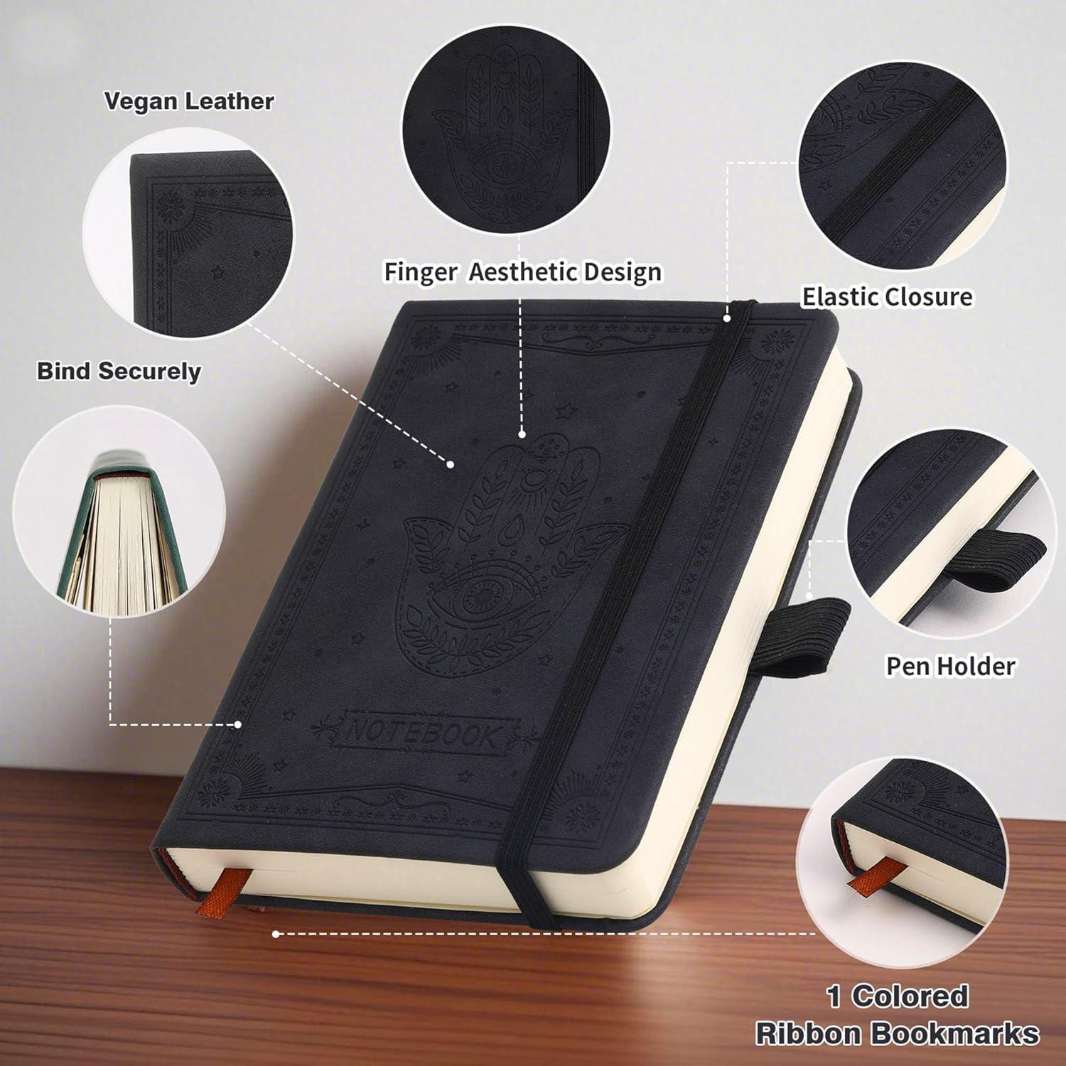 Inner Pocket Notebook Lined Journal 4X 6 Hardcover Leather 288 Page Finger Aesthetic Bound Record College Ruled Reading Diary Notepad For Women Men Travel Work School Office Writing -Black