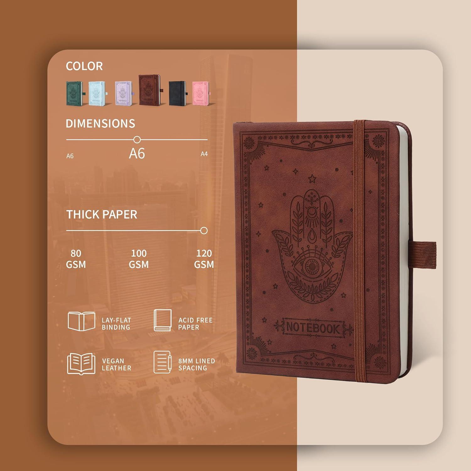 Inner Pocket Notebook Lined Journal 4X 6 Hardcover Leather 288 Page Finger Aesthetic Bound Record College Ruled Reading Diary Notepad For Women Men Travel Work School Office Writing -Black