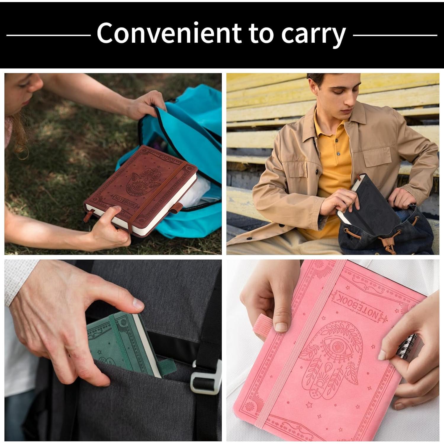 Inner Pocket Notebook Lined Journal 4X 6 Hardcover Leather 288 Page Finger Aesthetic Bound Record College Ruled Reading Diary Notepad For Women Men Travel Work School Office Writing -Black