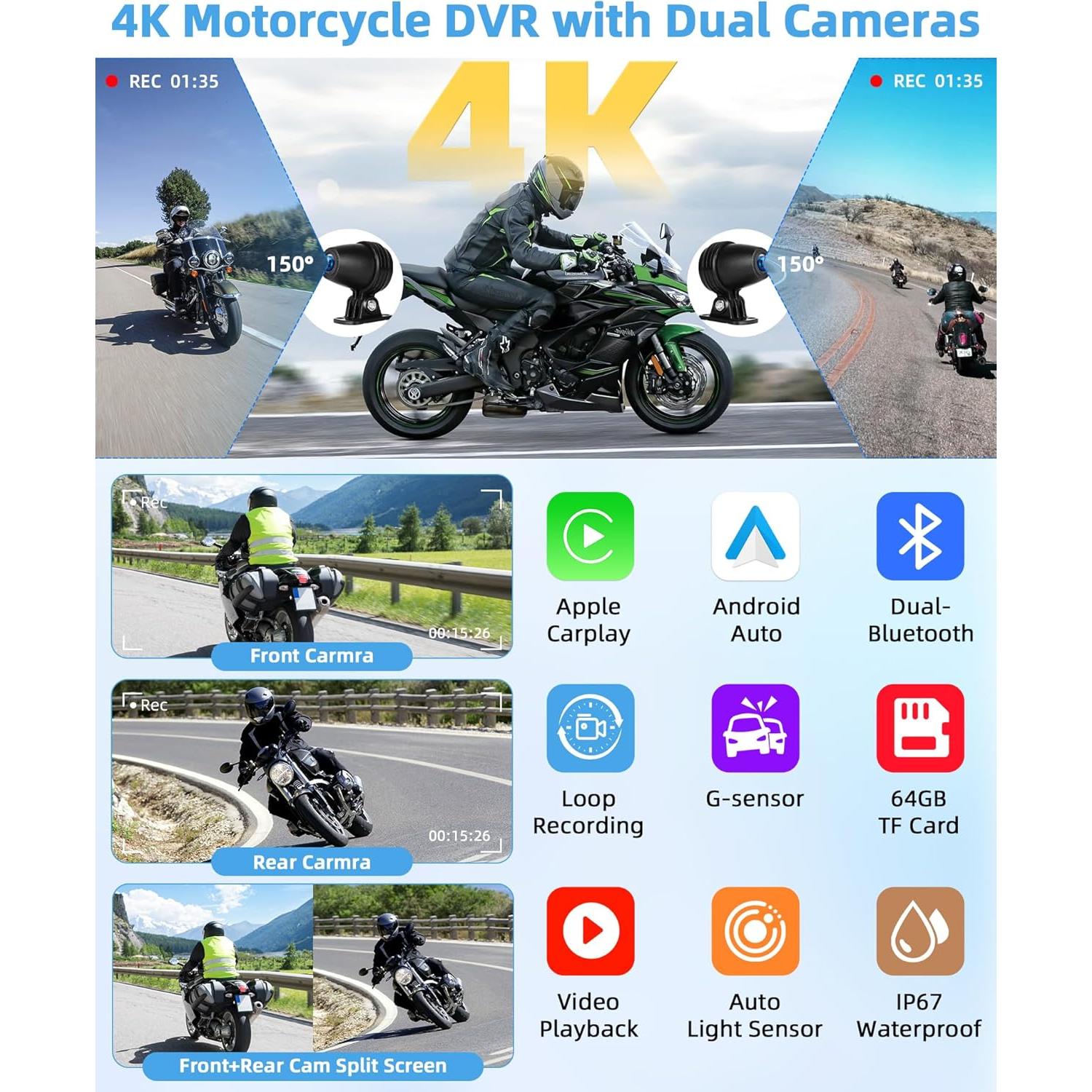 Pantalla de motocicleta Jelkuz 6.25" CarPlay 4K GPS Dual Cámara