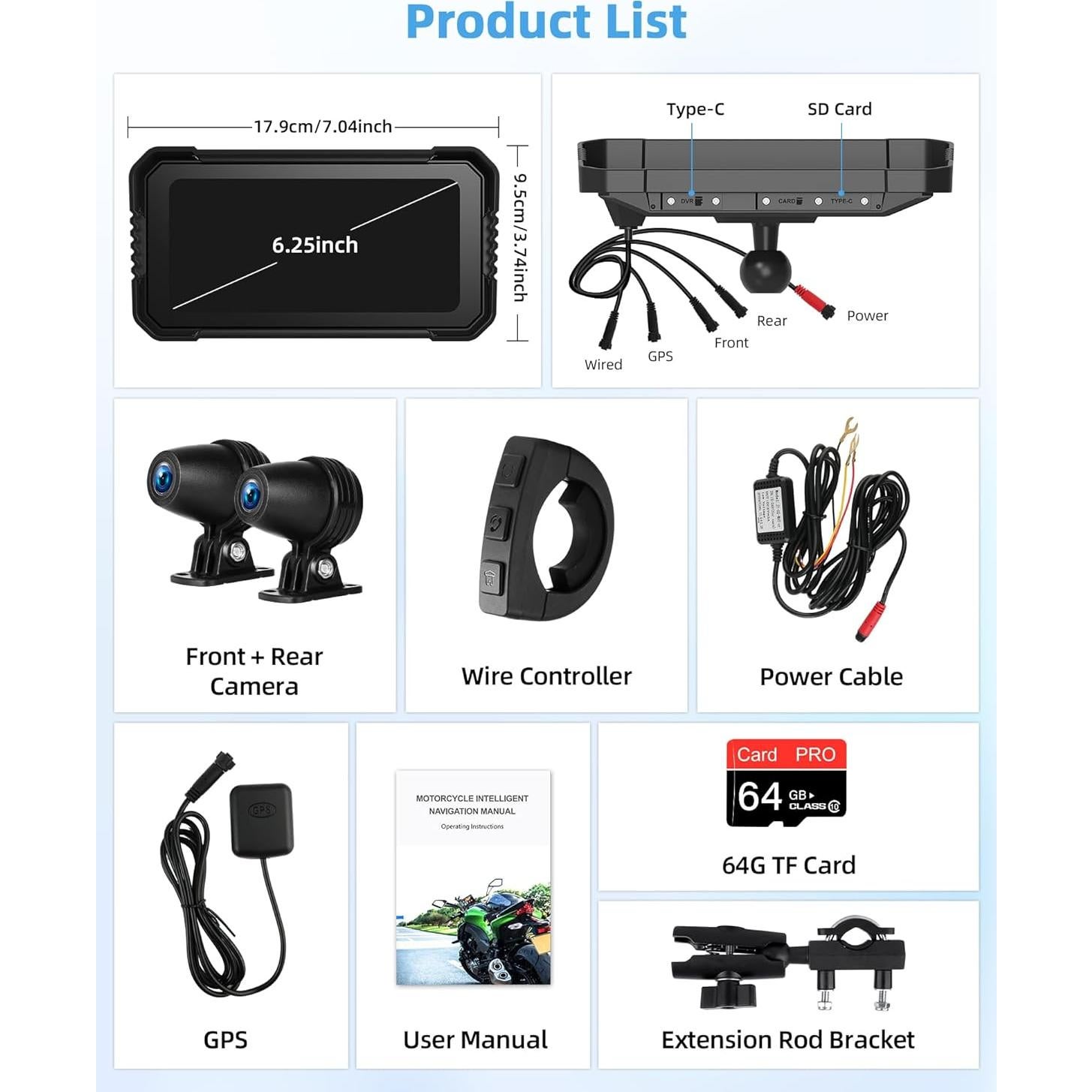 Pantalla de motocicleta Jelkuz 6.25" CarPlay 4K GPS Dual Cámara