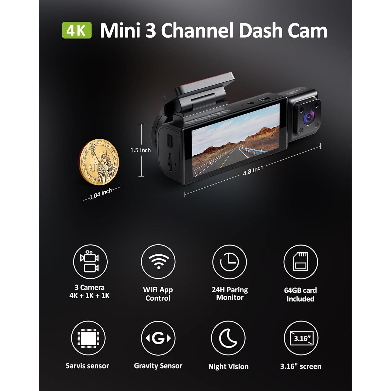 Cámara Dash 4K GMAIPOP F800 3 Canales WiFi 5GHz 64GB