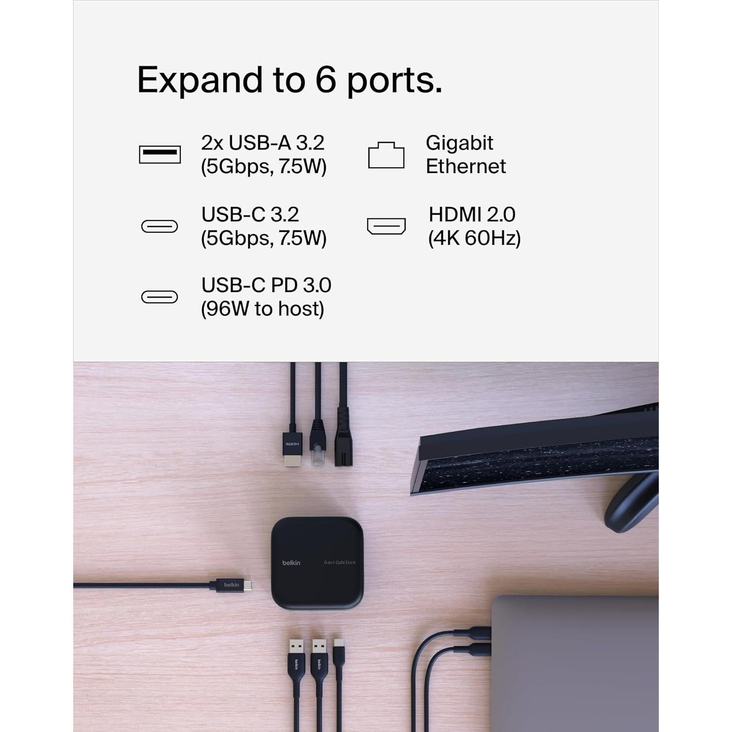 Dock Belkin USB-C 6-en-1 GaN 130W HDMI 4K y Ethernet