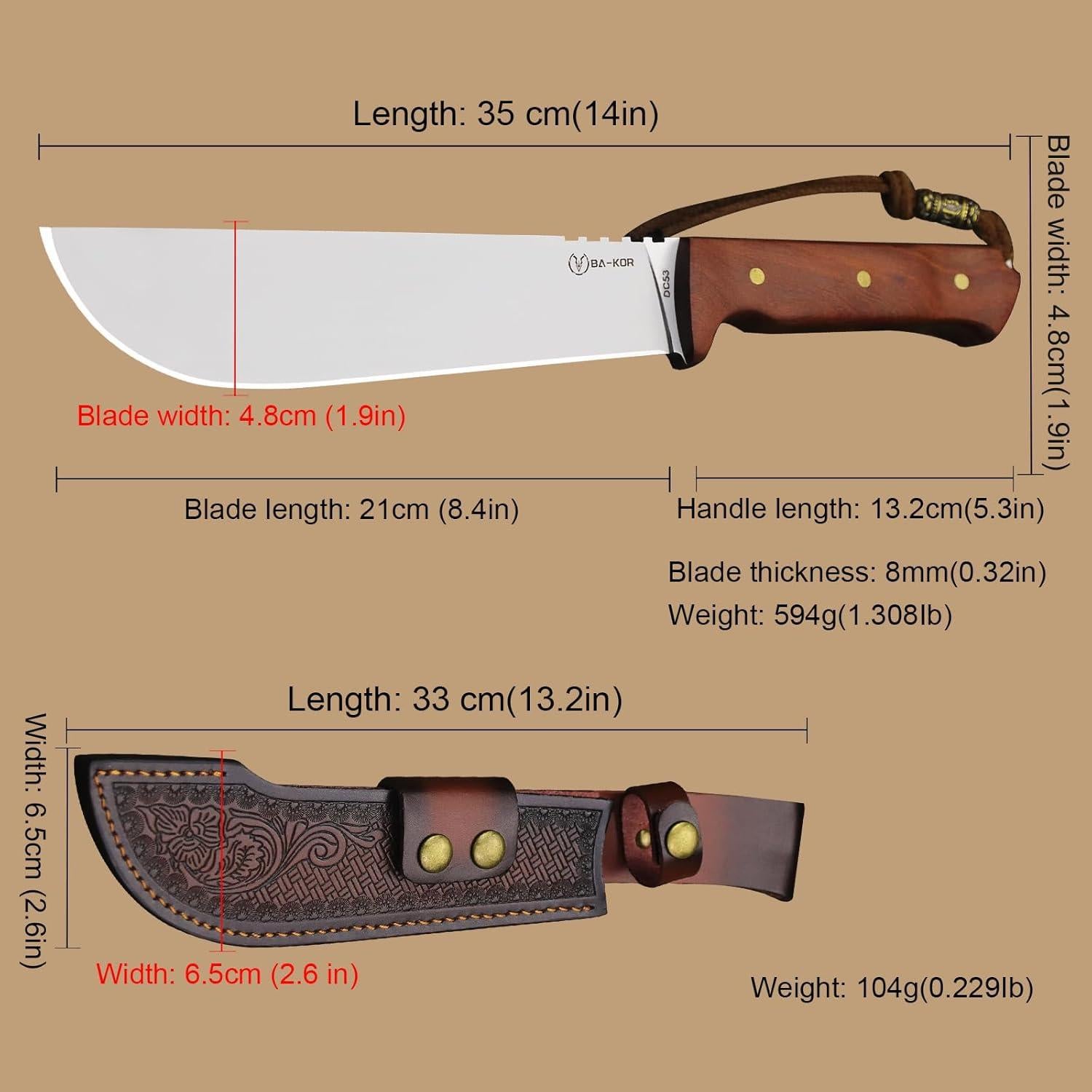 Cuchillo Fijo BA-KOR DC53 35cm Mango Completo con Funda