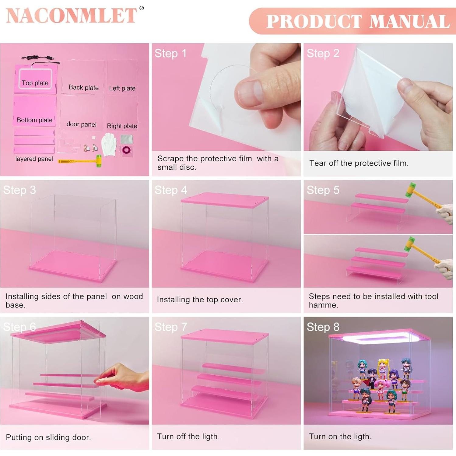 Caja de Exhibición Acrílica Rosa Naconmlet con Luz LED 5 Niveles