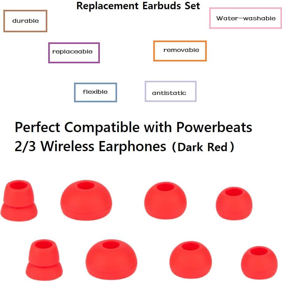 Replacement Earbud Tips Silicone Earbuds Set Compatible with Beats Dr. Dre Powerbeats 1.0, Powerbeats 2, Powerbeats 3 Wireless in-Ear Earphones (4 Pairs/Dark Red)