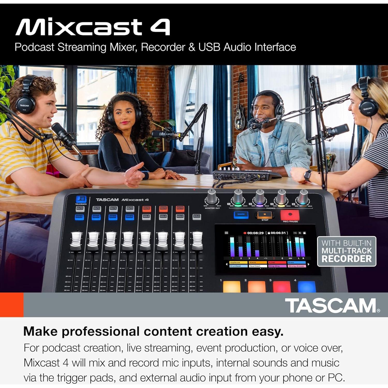 TASCAM Mixcast 4 Mezclador de Podcast y Grabador USB 4 Micrófonos