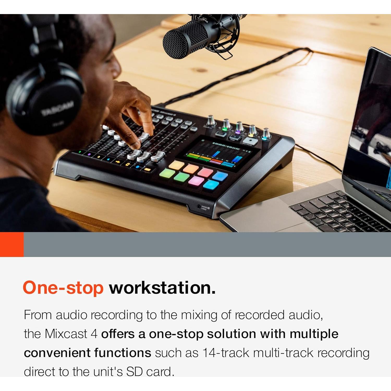 TASCAM Mixcast 4 Mezclador de Podcast y Grabador USB 4 Micrófonos